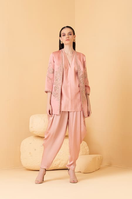 Divi By Sonal Khandelwal Pink Modal, Chanderi Pearls, Sequins, Zari Embroidered Dhoti Pant And Jacket Set Online at Aza Fashions Divi By Sonal Khandelwal_Pink Modal, Chanderi Pearls, Sequins, Zari Embroidered Dhoti Pant And Jacket Set _Online_at_Aza_Fashions