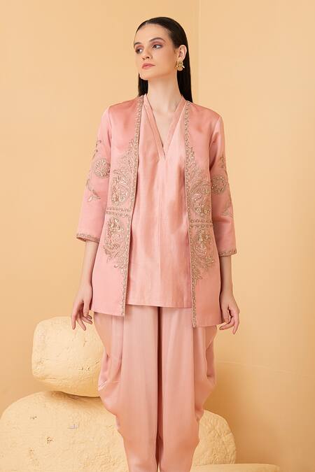 Buy Divi By Sonal Khandelwal Pink Modal, Chanderi Pearls, Sequins, Zari Embroidered Dhoti Pant And Jacket Set Online at Aza Fashions Buy_Divi By Sonal Khandelwal_Pink Modal, Chanderi Pearls, Sequins, Zari Embroidered Dhoti Pant And Jacket Set _Online_at_Aza_Fashions
