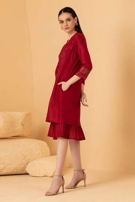 Buy_Divi By Sonal Khandelwal_Red Chanderi Embroidery Round Neck Layered Dress _Online_at_Aza_Fashions