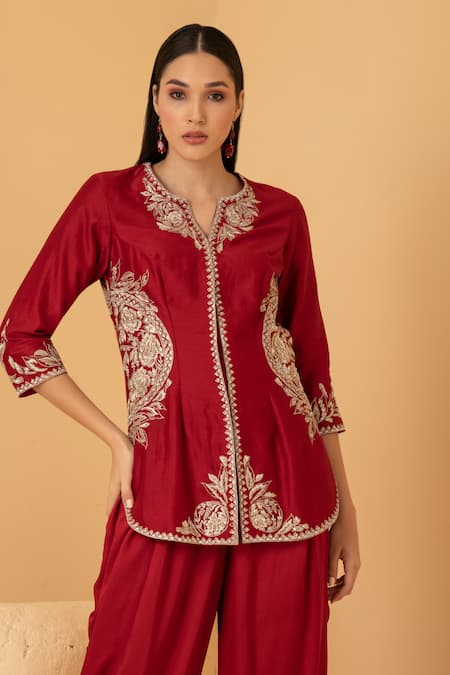 Divi By Sonal Khandelwal_Red Chanderi, Modal, Satin Sequins, Zari, Pearls Embroidered Top And Dhoti Set _Online_at_Aza_Fashions