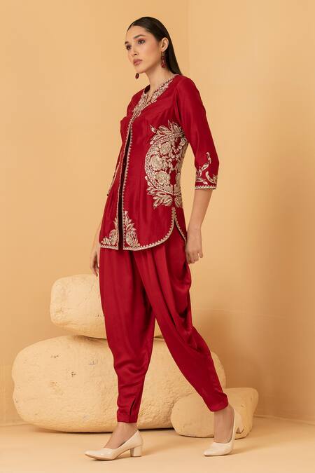 Buy_Divi By Sonal Khandelwal_Red Chanderi, Modal, Satin Sequins, Zari, Pearls Embroidered Top And Dhoti Set _Online_at_Aza_Fashions