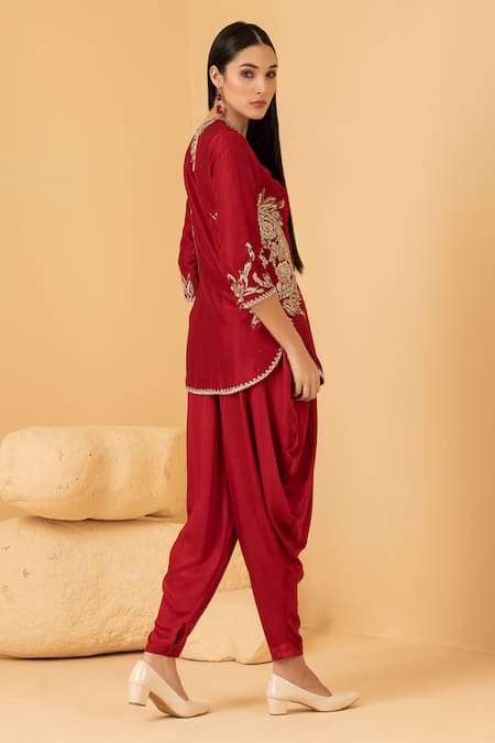 Shop_Divi By Sonal Khandelwal_Red Chanderi, Modal, Satin Sequins, Zari, Pearls Embroidered Top And Dhoti Set _Online_at_Aza_Fashions