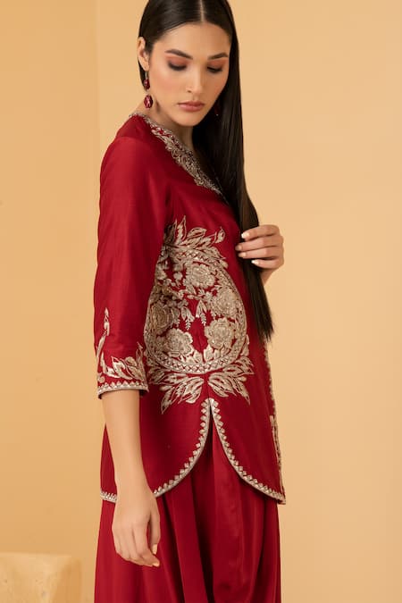 Divi By Sonal Khandelwal_Red Chanderi, Modal, Satin Sequins, Zari, Pearls Embroidered Top And Dhoti Set _at_Aza_Fashions