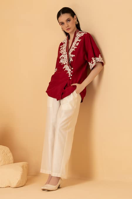 Divi By Sonal Khandelwal_Red Chanderi Embroidery Collared Thread Top And Palazzo Set _Online_at_Aza_Fashions