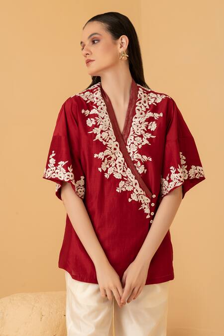 Buy_Divi By Sonal Khandelwal_Red Chanderi Embroidery Collared Thread Top And Palazzo Set _Online_at_Aza_Fashions