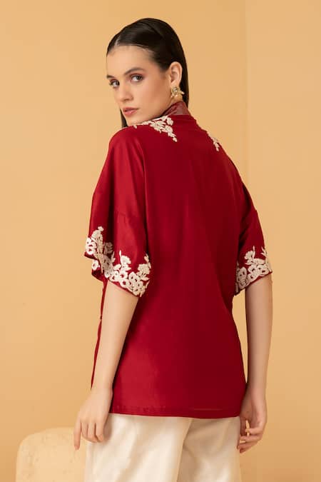 Shop_Divi By Sonal Khandelwal_Red Chanderi Embroidery Collared Thread Top And Palazzo Set _Online_at_Aza_Fashions