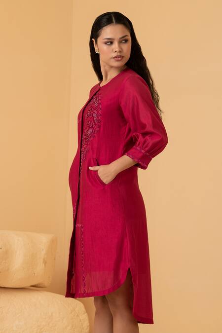Buy_Divi By Sonal Khandelwal_Fuchsia Chanderi Embroidery Round Neck Dress _Online_at_Aza_Fashions