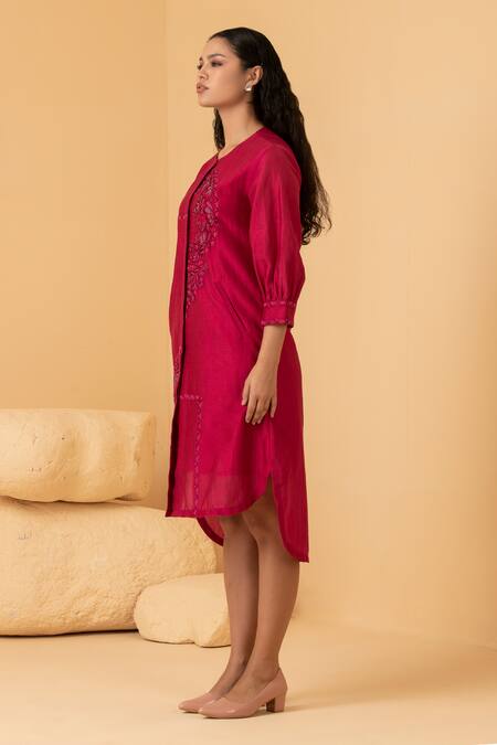 Shop_Divi By Sonal Khandelwal_Fuchsia Chanderi Embroidery Round Neck Dress _Online_at_Aza_Fashions