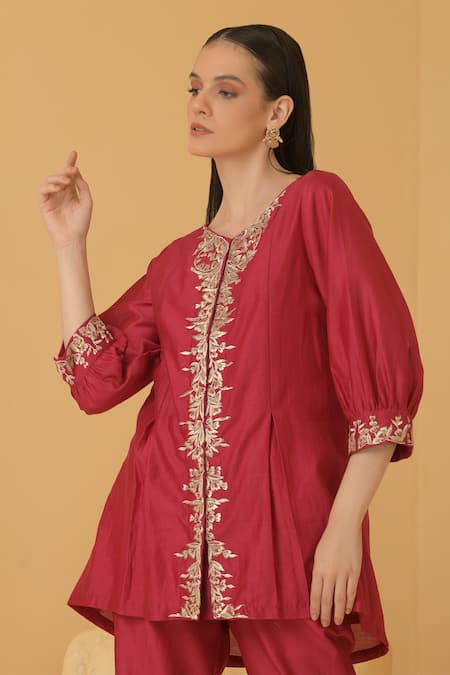 Buy Divi By Sonal Khandelwal Fuchsia Chanderi Sequins, Zari, Pearls V-neck Floral Embroidered Top And Pant Set Online at Aza Fashions Buy_Divi By Sonal Khandelwal_Fuchsia Chanderi Sequins, Zari, Pearls V-neck Floral Embroidered Top And Pant Set _Online_at_Aza_Fashions