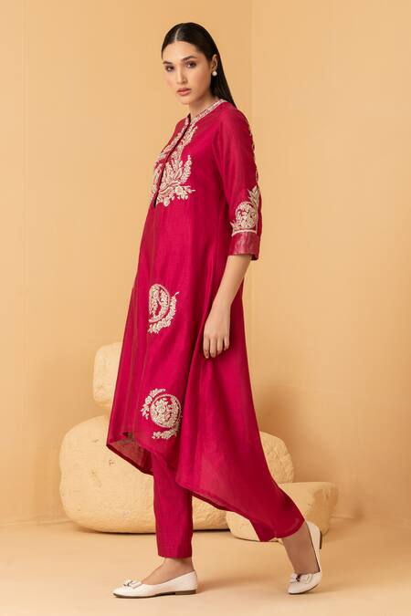 Divi By Sonal Khandelwal_Fuchsia Chanderi Sequins, Zari, Embroidery Round Asymmetric Tunic And Pant Set _Online_at_Aza_Fashions