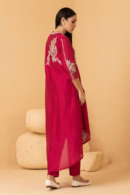 Buy_Divi By Sonal Khandelwal_Fuchsia Chanderi Sequins, Zari, Embroidery Round Asymmetric Tunic And Pant Set _Online_at_Aza_Fashions