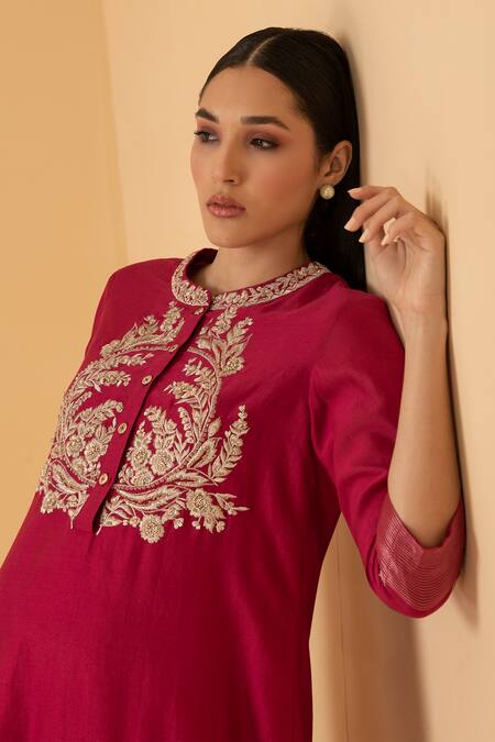 Shop_Divi By Sonal Khandelwal_Fuchsia Chanderi Sequins, Zari, Embroidery Round Asymmetric Tunic And Pant Set _Online_at_Aza_Fashions
