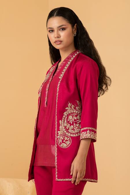 Buy Divi By Sonal Khandelwal Fuchsia Chanderi, Modal, Satin Sequins, Zari, Floral Embroidered Jacket Pant Set Online at Aza Fashions Buy_Divi By Sonal Khandelwal_Fuchsia Chanderi, Modal, Satin Sequins, Zari, Floral Embroidered Jacket Pant Set _Online_at_Aza_Fashions
