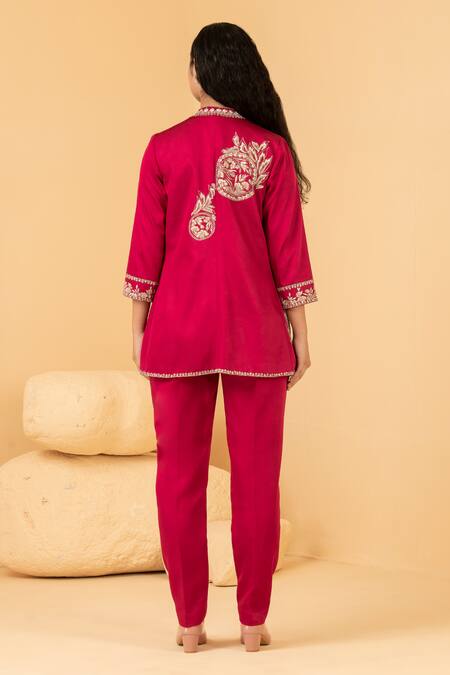 Shop Divi By Sonal Khandelwal Fuchsia Chanderi, Modal, Satin Sequins, Zari, Floral Embroidered Jacket Pant Set Online at Aza Fashions Shop_Divi By Sonal Khandelwal_Fuchsia Chanderi, Modal, Satin Sequins, Zari, Floral Embroidered Jacket Pant Set _Online_at_Aza_Fashions