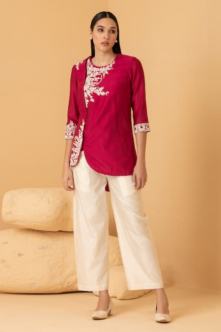 Divi by sonal khandelwal Fuchsia Pure Chanderi Embroidery Thread Floral Placement Top And Palazzo Set 