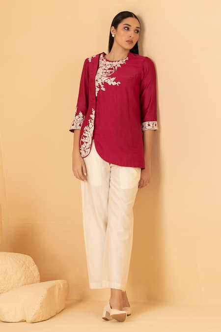 Divi By Sonal Khandelwal_Fuchsia Chanderi Pearls, Sequins Floral Placement Embroidered Top And Palazzo Set _Online_at_Aza_Fashions