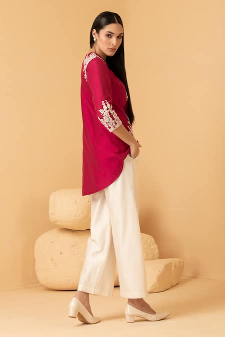 Buy_Divi By Sonal Khandelwal_Fuchsia Chanderi Pearls, Sequins Floral Placement Embroidered Top And Palazzo Set _Online_at_Aza_Fashions