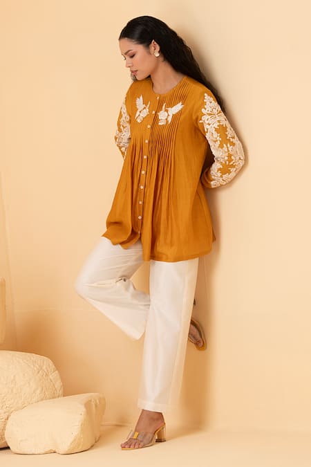 Buy_Divi By Sonal Khandelwal_Yellow Chanderi Embroidery Round Neck Floral Top And Palazzo Set _Online_at_Aza_Fashions