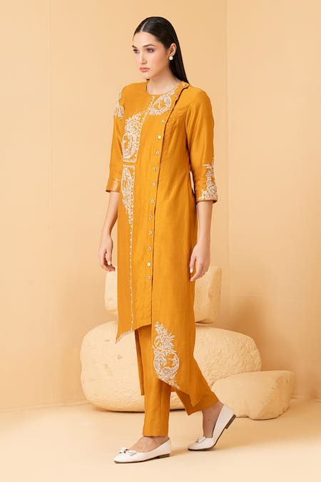 Shop_Divi By Sonal Khandelwal_Yellow Chanderi Zari, Pearls, Sequins Round Neck Embroidered Tunic And Pant Set _Online_at_Aza_Fashions