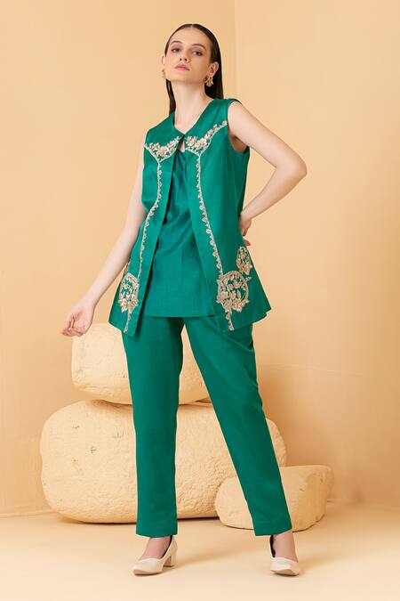 Divi By Sonal Khandelwal Green Chanderi, Modal Zari, Sequins, Pearls Open Floral Embroidered Jacket Set Online at Aza Fashions Divi By Sonal Khandelwal_Green Chanderi, Modal Zari, Sequins, Pearls Open Floral Embroidered Jacket Set _Online_at_Aza_Fashions