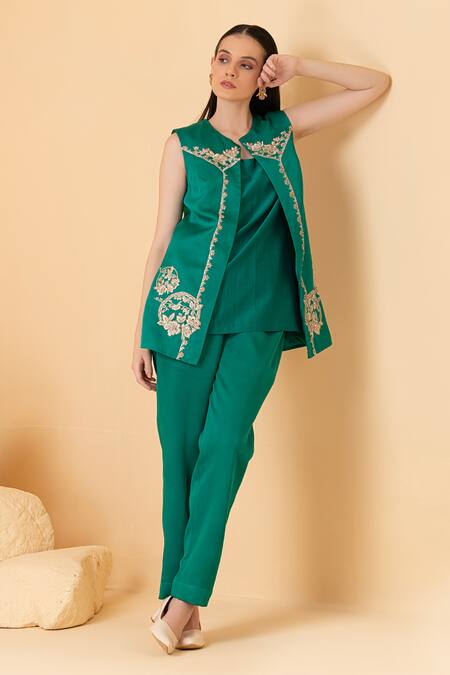 Buy Divi By Sonal Khandelwal Green Chanderi, Modal Zari, Sequins, Pearls Open Floral Embroidered Jacket Set Online at Aza Fashions Buy_Divi By Sonal Khandelwal_Green Chanderi, Modal Zari, Sequins, Pearls Open Floral Embroidered Jacket Set _Online_at_Aza_Fashions