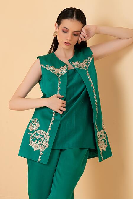 Shop Divi By Sonal Khandelwal Green Chanderi, Modal Zari, Sequins, Pearls Open Floral Embroidered Jacket Set Online at Aza Fashions Shop_Divi By Sonal Khandelwal_Green Chanderi, Modal Zari, Sequins, Pearls Open Floral Embroidered Jacket Set _Online_at_Aza_Fashions