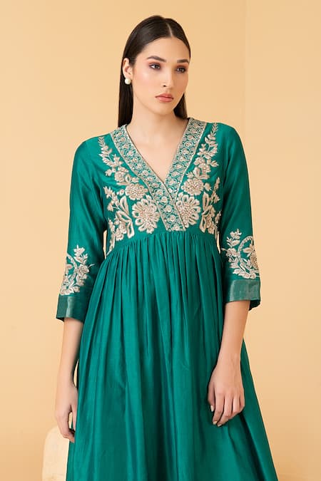 Buy Divi By Sonal Khandelwal Green Chanderi Sequins, Pearls, Zari V-neck Embroidered Anarkali And Palazzo Set Online at Aza Fashions Buy_Divi By Sonal Khandelwal_Green Chanderi Sequins, Pearls, Zari V-neck Embroidered Anarkali And Palazzo Set _Online_at_Aza_Fashions