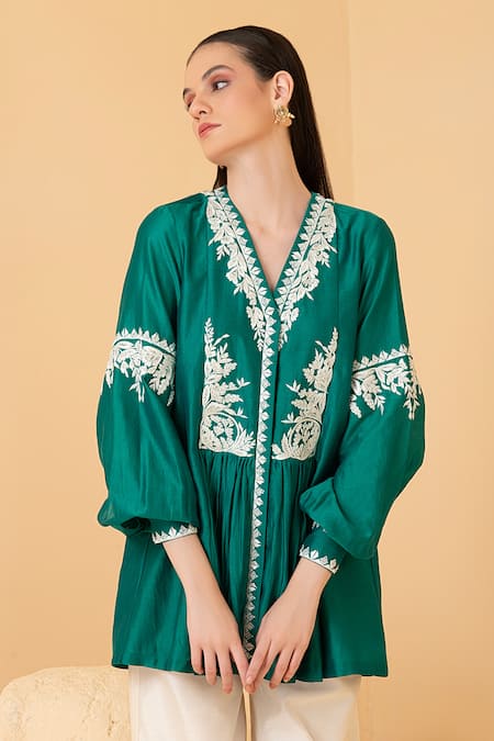 Buy_Divi By Sonal Khandelwal_Green Chanderi Embroidery V-neck Top And Palazzo Set _Online_at_Aza_Fashions