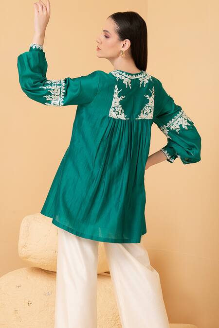 Shop_Divi By Sonal Khandelwal_Green Chanderi Embroidery V-neck Top And Palazzo Set _Online_at_Aza_Fashions