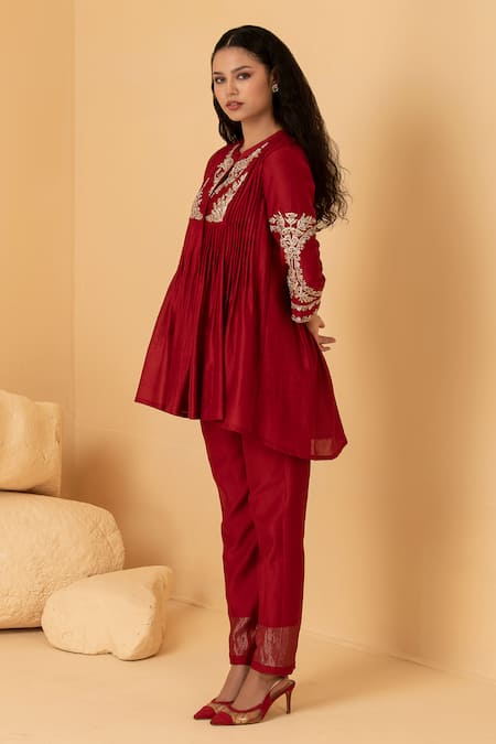 Buy_Divi By Sonal Khandelwal_Red Chanderi Zari, Sequins, Pearls, Beads Mandarin Embroidered Top And Pant Set _Online_at_Aza_Fashions