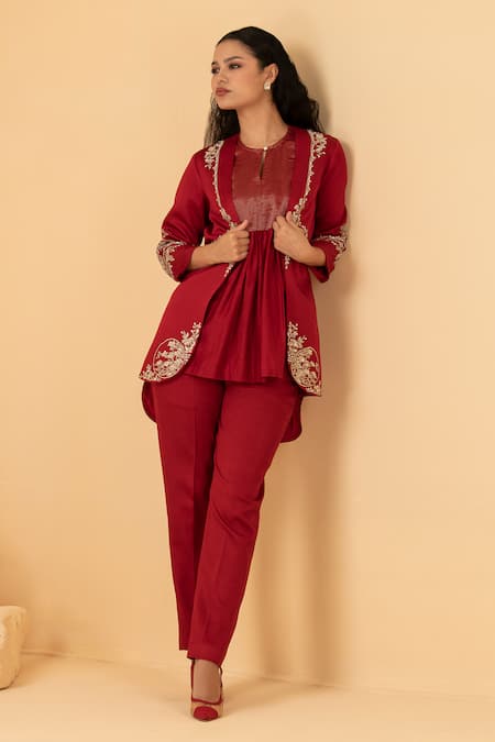 Buy_Divi By Sonal Khandelwal_Red Chanderi, Modal Embroidery, Zari, Sequins, Pearls Open Neck, Jacket Pant Set _Online_at_Aza_Fashions