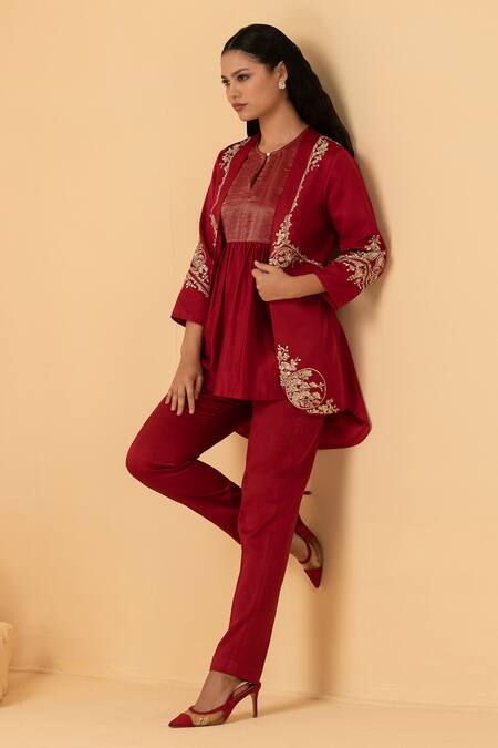 Shop_Divi By Sonal Khandelwal_Red Chanderi, Modal Embroidery, Zari, Sequins, Pearls Open Neck, Jacket Pant Set _Online_at_Aza_Fashions