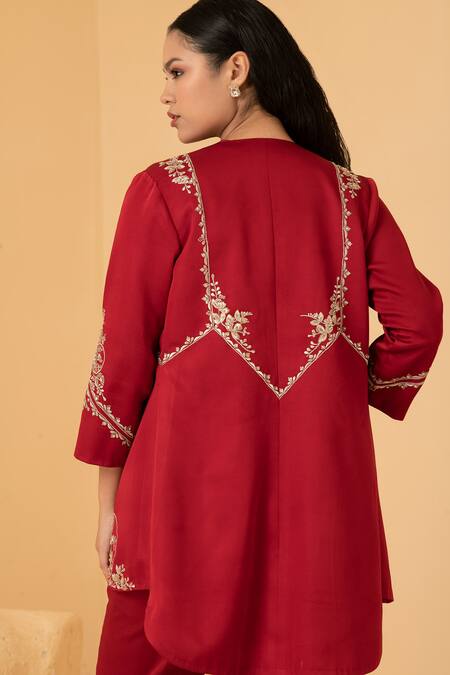 Divi By Sonal Khandelwal_Red Chanderi, Modal Embroidery, Zari, Sequins, Pearls Open Neck, Jacket Pant Set _at_Aza_Fashions