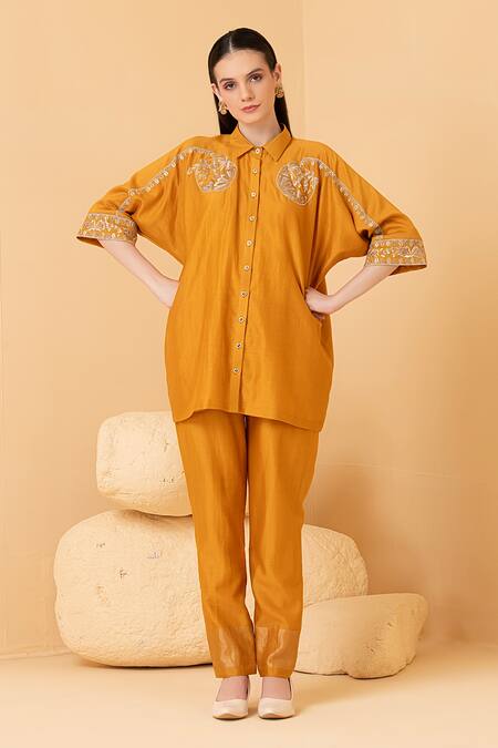 Buy_Divi By Sonal Khandelwal_Yellow Chanderi Zari, Pearls, Beads Collared Mustard Embroidered Kaftan Set _Online_at_Aza_Fashions