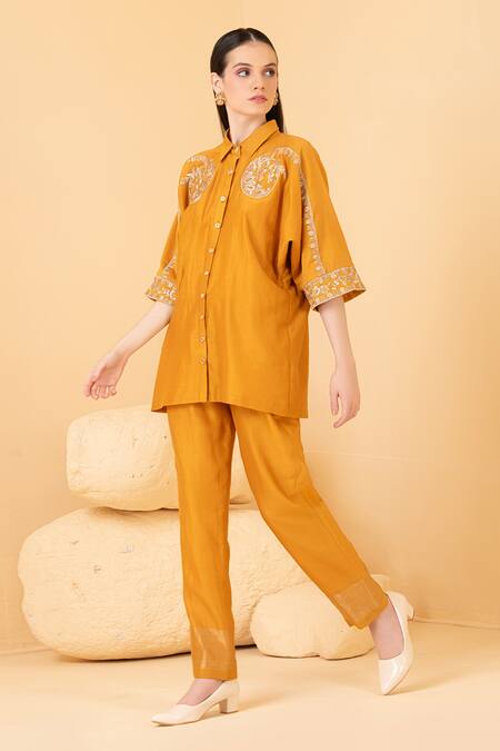 Shop_Divi By Sonal Khandelwal_Yellow Chanderi Zari, Pearls, Beads Collared Mustard Embroidered Kaftan Set _Online_at_Aza_Fashions