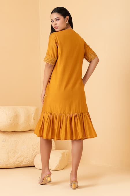 Divi By Sonal Khandelwal Floral Embroidered Mustard Midi Dress 