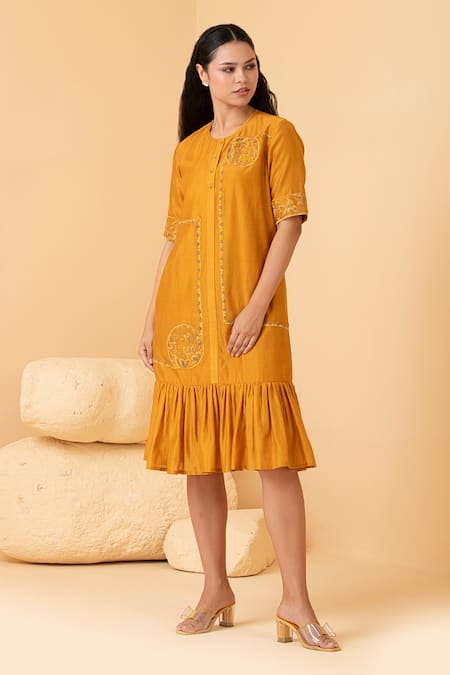 Buy_Divi By Sonal Khandelwal_Yellow Chanderi Embroidery Round Neck Floral Mustard Midi Dress _Online_at_Aza_Fashions