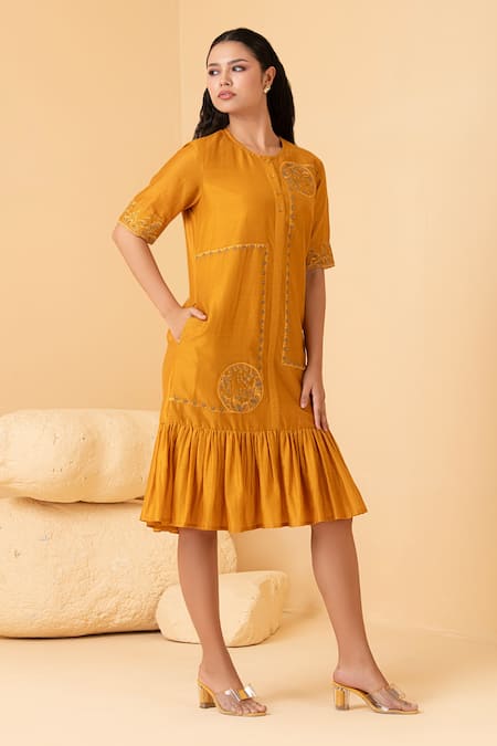 Shop_Divi By Sonal Khandelwal_Yellow Chanderi Embroidery Round Neck Floral Mustard Midi Dress _Online_at_Aza_Fashions