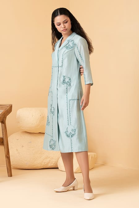 Divi By Sonal Khandelwal Blue Chanderi Sequins Collared Thread Embroidered Dress Online at Aza Fashions Divi By Sonal Khandelwal_Blue Chanderi Sequins Collared Thread Embroidered Dress _Online_at_Aza_Fashions