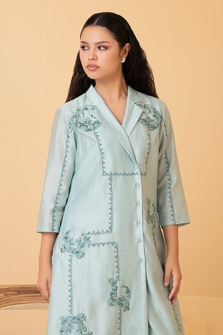 Buy Divi By Sonal Khandelwal Blue Chanderi Sequins Collared Thread Embroidered Dress Online at Aza Fashions Buy_Divi By Sonal Khandelwal_Blue Chanderi Sequins Collared Thread Embroidered Dress _Online_at_Aza_Fashions