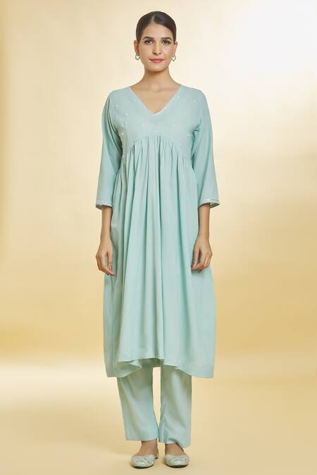 Naintara Bajaj Green Cotton Beads V-neck Embroidered Bodice Anarkali With Palazzo Online at Aza Fashions Naintara Bajaj_Green Cotton Beads V-neck Embroidered Bodice Anarkali With Palazzo _Online_at_Aza_Fashions