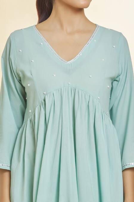 Buy Naintara Bajaj Green Cotton Beads V-neck Embroidered Bodice Anarkali With Palazzo Online at Aza Fashions Buy_Naintara Bajaj_Green Cotton Beads V-neck Embroidered Bodice Anarkali With Palazzo _Online_at_Aza_Fashions