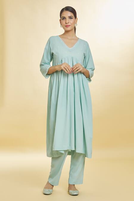 Shop Naintara Bajaj Green Cotton Beads V-neck Embroidered Bodice Anarkali With Palazzo Online at Aza Fashions Shop_Naintara Bajaj_Green Cotton Beads V-neck Embroidered Bodice Anarkali With Palazzo _Online_at_Aza_Fashions