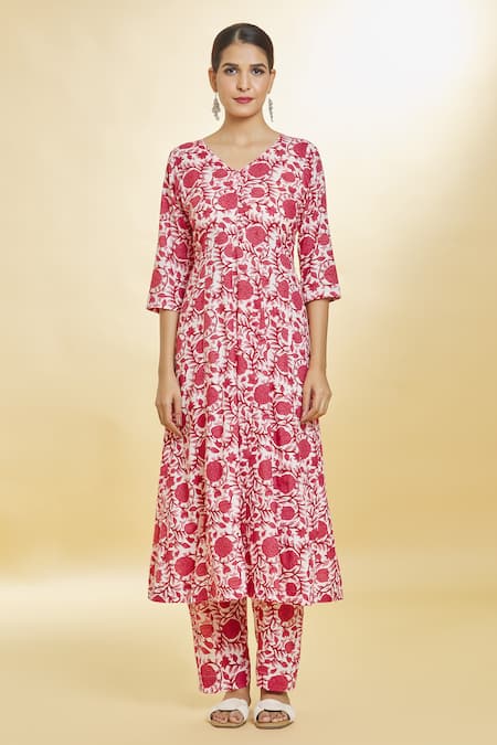 Naintara Bajaj White Cotton Embroidery V-neck Flower Print Anarkali Palazzo Set Online at Aza Fashions Naintara Bajaj_White Cotton Embroidery V-neck Flower Print Anarkali Palazzo Set _Online_at_Aza_Fashions