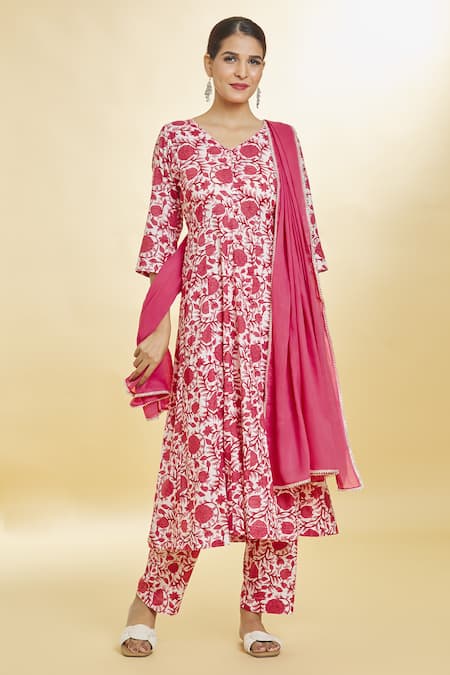 Buy Naintara Bajaj White Cotton Embroidery V-neck Flower Print Anarkali Palazzo Set Online at Aza Fashions Buy_Naintara Bajaj_White Cotton Embroidery V-neck Flower Print Anarkali Palazzo Set _Online_at_Aza_Fashions