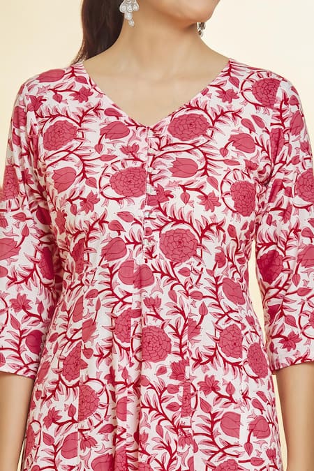 Shop Naintara Bajaj White Cotton Embroidery V-neck Flower Print Anarkali Palazzo Set Online at Aza Fashions Shop_Naintara Bajaj_White Cotton Embroidery V-neck Flower Print Anarkali Palazzo Set _Online_at_Aza_Fashions