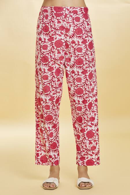 Naintara Bajaj White Cotton Embroidery V-neck Flower Print Anarkali Palazzo Set at Aza Fashions Naintara Bajaj_White Cotton Embroidery V-neck Flower Print Anarkali Palazzo Set _at_Aza_Fashions