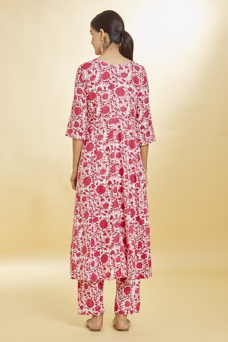 Shop Naintara Bajaj White Cotton Embroidery V-neck Flower Print Anarkali Palazzo Set at Aza Fashions Shop_Naintara Bajaj_White Cotton Embroidery V-neck Flower Print Anarkali Palazzo Set _at_Aza_Fashions