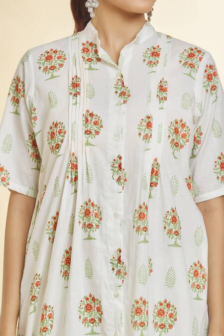Shop_Naintara Bajaj_White Cotton Collared Floral Block Kurta With Palazzo _Online_at_Aza_Fashions