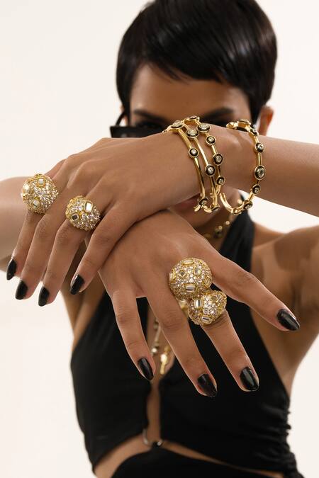 Isharya_Gold Plated Mirror, Cubic Zirconia Stan Statement Ring - Single Pc_at_Aza_Fashions